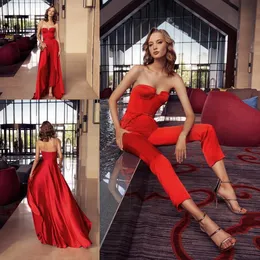 Red Jumpsuits 2021 Satin Prom Dress With Detachable Train African Evening Dresses Sweetheart Backless Formal Gowns