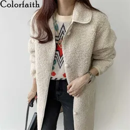 Colorfaith Herbst Winter Frauen Jacken Warme Koreanische Stil Büro Dame Mantel Oberbekleidung Wolle Mischungen Wilde Lange Tops JK1280 211106
