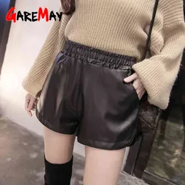 Garemay Fall Winter Skórzane Szorty Damskie Czarne Wysokie Talia Koreański Styl Plus Size PU Majtki Kobiet Dorywczo Dla Kobiet 210428