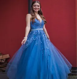 Elegante V Neck azul comprido vestido de baile com laço sexy frisado comprimento tule plus size vestidos de noite backless vestidos formal de festa 2021special ocasião desgaste