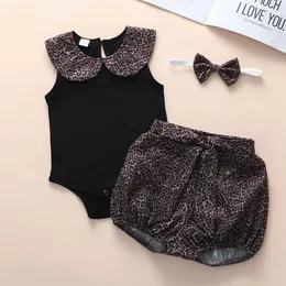 European och American Baby Girl Set Leopard Print Lapel Romper Shorts + Bowknot Headdress Tre-Piece Clothes 210515