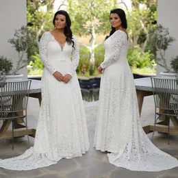 2021 Plus Size Koronki Suknie Ślubne Głębokie V Neck A Linia Długie Rękawy Suknie Ślubne Sweep Robe de Mariée