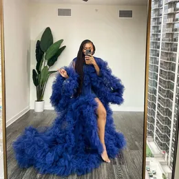 Fashion Blue Long Sleepwear Maternity Dresses for Photo Shoot Baby Shower Party Gowns Ruffles Pregnancy Dress Robes Puffy Evening Wear