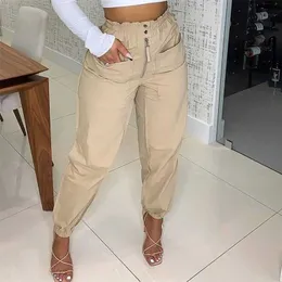 Spring Summer Casual Women Solid Cargo Trousers High Waish Zipper Button Pocket Design Shirring Detail Harem Pants For Cool Girl 211115