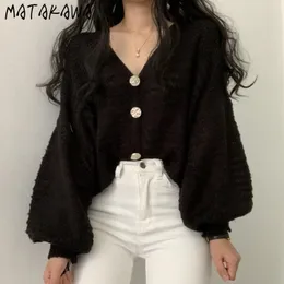 MATAKAWA Maglione da donna semplice con scollo a V sottile Bottoni grandi Maniche a lanterna tinta unita allentate Cardigan lavorato a maglia corto per donna 210513