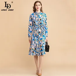 Bohemian Summer Vacation Dress Women Fashion Runway Long sleeve Geometric print Bow Belt Shirt style Midi 210522