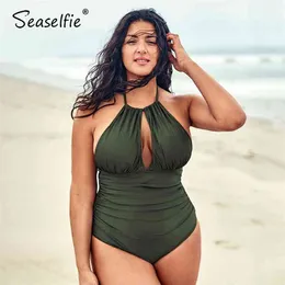 SEASELFIE Plus Size Halter Backless Swimsuit Women Large Solid Olive Monokini Bathing Suit Beach Swimwear 210712