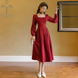 Yosimi Red Wine Lång Klänning för Kvinnor Vintage Autumn Full Sleeve Mid-Calf Square Collar Empire Party Elegant Vestido 210604