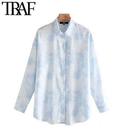 TRAF Kadınlar Moda Kravat Boya Baskı Gevşek Bluz Vintage Uzun Kollu Button-Up Kadın Gömlek Chic Tops 210415
