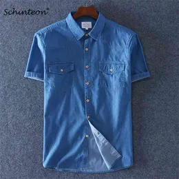 Schinteon Lato 100% Bawełna Mężczyźni Krótki Rękaw Denim Cienka Koszula Miękkie Smukłe Dżinsy Plus Rozmiar Dwa Kieszonkowa przednia 210809