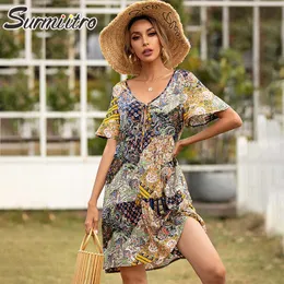 SURMIITRO Sexy Boho Kurzarm Frauen Kleid Sommer Blumendruck Sommerkleid Spitze Up Tunika Strand Party Sonne Minikleid Weiblich 210712