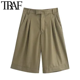 TRAF Women Chic Fashion Side Pockets Darted Bermuda Shorts Vintage High Waist Zipper Fly Female Short Pants Mujer 210415