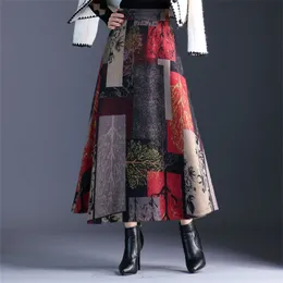 プラスサイズのエレガントなレディースロングAラインスカートレディースファッションハイウエストプリントビンテージマキシ女性オフィスビッグスイングSAIAS 210421