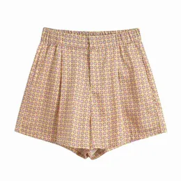 women vintage floral geometric print Shorts ladies pocket casual slim shorts chic elastic waist pantalone cortos P625 210714