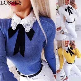Women Autumn Winer Sexy Lace Patchwork Bodycon Blouse Shirt Casual Slim Elegant Bow Long Sleeve Stretch Shirts Kawaii Top Blusas 210507
