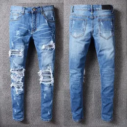 Rippad mode jeans kläddesigner byxor ljus blå män smal denim rak cyklist hål hip hop män storlek 28-40 #99 populära