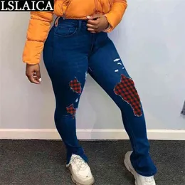 Fashion Arrival Women Clothing Slim Plaid Stitching Jeans Personalized Hem Split Casual Skinny Pocket Button Pantalones 210515