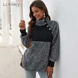 Förlustsky tröja långärmad lapptäcke färg fahsion höst vinter pullover svarta damer plysch varma toppar kläder 211220