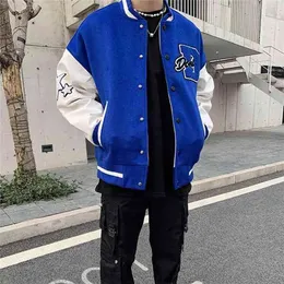 Vintage Hiphop College Jackets Mens Furry Stars letters Embroidery Color Block Harajuku Varsity Jacket Women Baseball Coats 210922