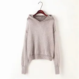 winter women long sleeve Punk metal Silver knitted sweater korean fashion hooded jumpers clothes fall pullover tops streetwear 210521