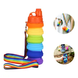 Rainbow Silicone Folding Water Bottle Outdoor Portable Camouflage Telescopic Cup Sports Kettle Mountaineering Camping Equipment With Lanyard
