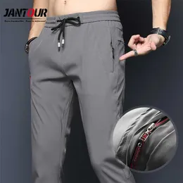 Spring Summer Casual Men's Pants Slim Fit Chinos Fashion Thin Zipper Pocket Elastic Waist Fast Dry Trousers Male Brand Clothing 211110