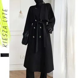 Black Long Woollen Coat for Women British Style Elegant Hepburn Wool Coats Jacket Office Lady Outerwear High Quality 210608
