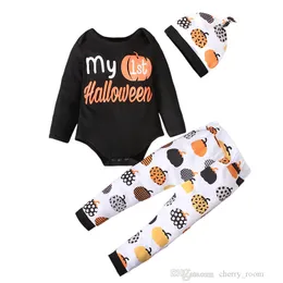 Kinder Halloween Kleidung Sets Frühling Herbst Jungen Mädchen Kürbis Brief Druck Langarm Overall + lange Hosen + Hüte Klettern Kleidung Outfits S1406