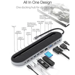 Stationer Ingen Hub till PD USB 3.0 TF SD Reader 4K HD-kompatibel VGA 1000MPBS RJ45A Typ C Dockningsstation för MacBook Pro