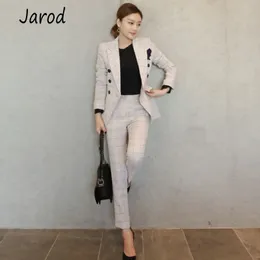 Jesień Elegancki Biuro Lady Pant Suit Set Women Business Work Wear Two Piece Set Plaid Jacket Blazer + Slim Pant Set 210518