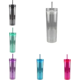 6 färger 22oz Clear Acrylic Skinny Tumblers With Lid Straw i samma färg dubbel vägg plastplast transparent vattenflaska Anpassad återanvändbar kontor kaffe muggar dricker kopp