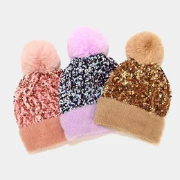 Vinter stickade mössor hattar för kvinnor päls boll sequins cap fashion varm kvinnlig beanie skullies tjock motorhatt hatt