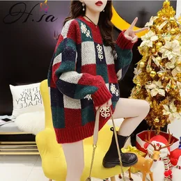 H.SA Femme 찬슬화 만화 귀여운 활 풀오버 대형 풀 점퍼 패치 워크 격자 무늬 스웨터 저지 Mujer Knitwear 210417