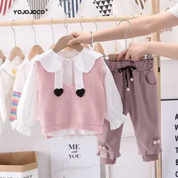 아기 소녀 옷 봄과 가을 니트 스웨터 양복 소녀 사랑 셔츠 + 니트 조끼 + 바지 3 피스 스웨터 소녀 220118