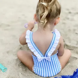 One Pieces 0-5 Years Baby Girls Striped Ruffles Piece Swimsuit Born Kids Swimming Bathing Suit Children Blue Backless Beach Swimwear