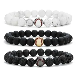 Baseball-Sportarmband, schwarz-weißes Lavastein-Naturarmband für Herren