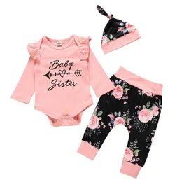 Moda 3 sztuk Baby Girl Clothes Kid Toddler Niemowlę Chłopiec List Romper Print Spodnie Cap Stroje Zestaw Ropa Zestawy odzieżowe Invierno