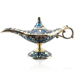 22cm Elegant Vintage Metal Carved Aladdin Lamp Light ing Tea Oil Pot Decoration Figures Saving Collection Arts Craft Gift 211101