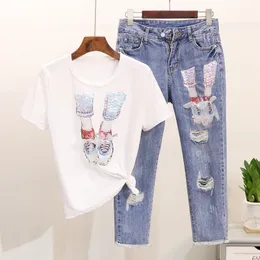 Women Summer Mesh Appliques Sequined Cotton Tshirts + Calf-Length Hole Denim Pants Suit Shoes Pattern Sequins Jeans Clothing Set 210416