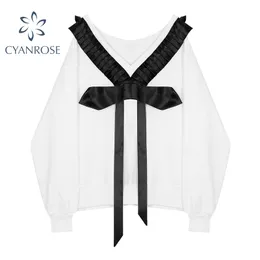 Damskie Bownot Splited White Pullover Bluzy Vintage V Neck Loose Koreański Styl Topy Moda Streetwear Kobiet Topy 210417