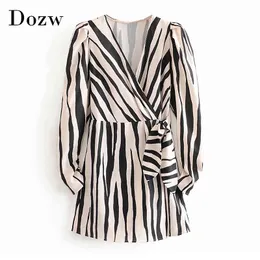Stylish A Line Zebra Stripe Dress Women V Neck Bow Tie Fashion Party Dress Female Long Sleeve Casual Dresses Vestidos 210414
