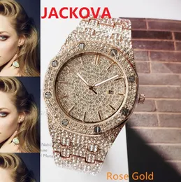 Gelado fora de diamantes completos anel relógio de pulso 42mm moda hip hop de aço inoxidável homens mulheres relógios calendário de quartzo movimento relógio presente