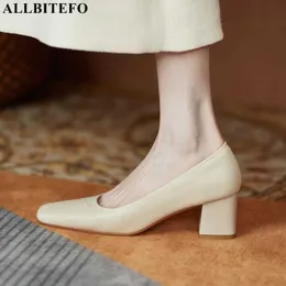 Allbitefo Square Toe Äkta Läder Tjock Heels Office Ladies Skor Märke Högklackat Skor Kvinnor Heels Skor Zapatos de Mujer 210611