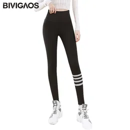Bivigaos Spring Four-Stripes SharkSkin Legging Slim Stretch High Waist Sports Black Fitness 211221