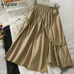 Neploe Yüksek Bel Kalça İpli Plise Tasarım Etek Kadın Düzensiz Moda Yaz Dış Giyim Gevşek Jupe Femme Nedensel 210510