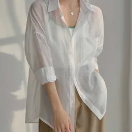 Sommar kvinnor solskydd skjorta sol cardigan mode vit anti uv transparent ljus coat lapel blouse toppar kvinnlig 210527