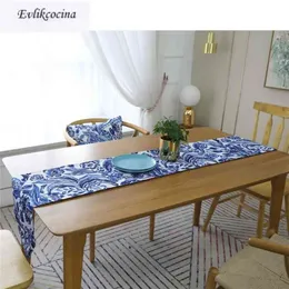 Gratis kinesisk stil blå blommor bord löpare dekorera mesa hogar bomull linne chemin de tafelloper för fest 210709