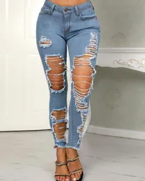Ninimour Women Elegant Fashion Holey Frayed Hem Distressed Pencil Jeans Ladies Casual Going Out Workwear Outwear 210415