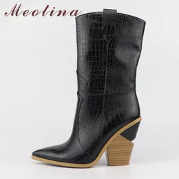 Western Women Boots Strange Winter Fashion Style Heels Mid-Calfe Super Helto Sapatos de salto alto caem mais tamanho 33-46 21051 29