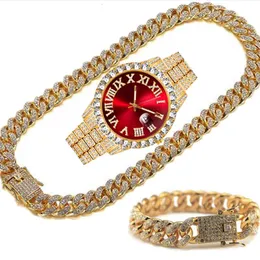 Orologi da polso Orologio in oro di lusso per uomo Completo ghiacciato Bling Miami Orologio cubano Catena con strass Bracciale Collana con gioielli Relogi2876